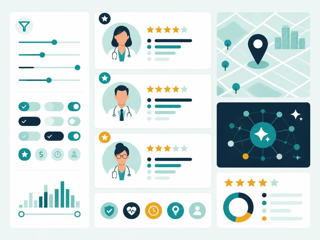 Illustration of filters, ratings, city map and doctor cards used to shortlist treatment options
