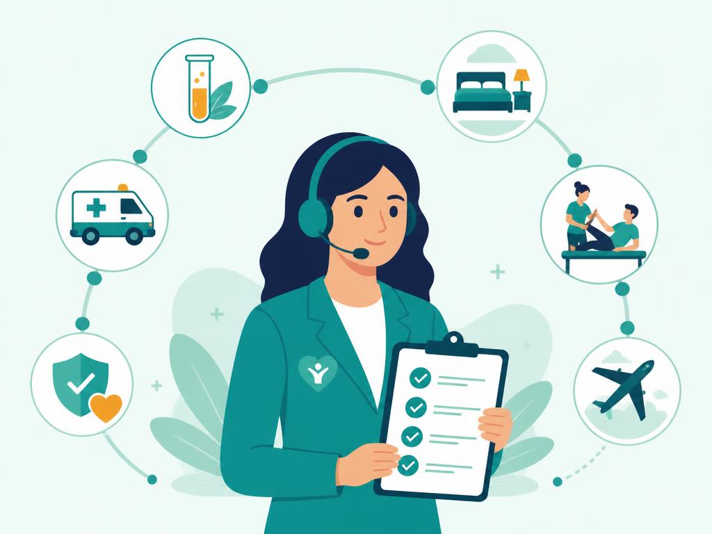 Illustration of a Health Manager coordinating tests, ambulance, stay, physiotherapy, insurance and travel