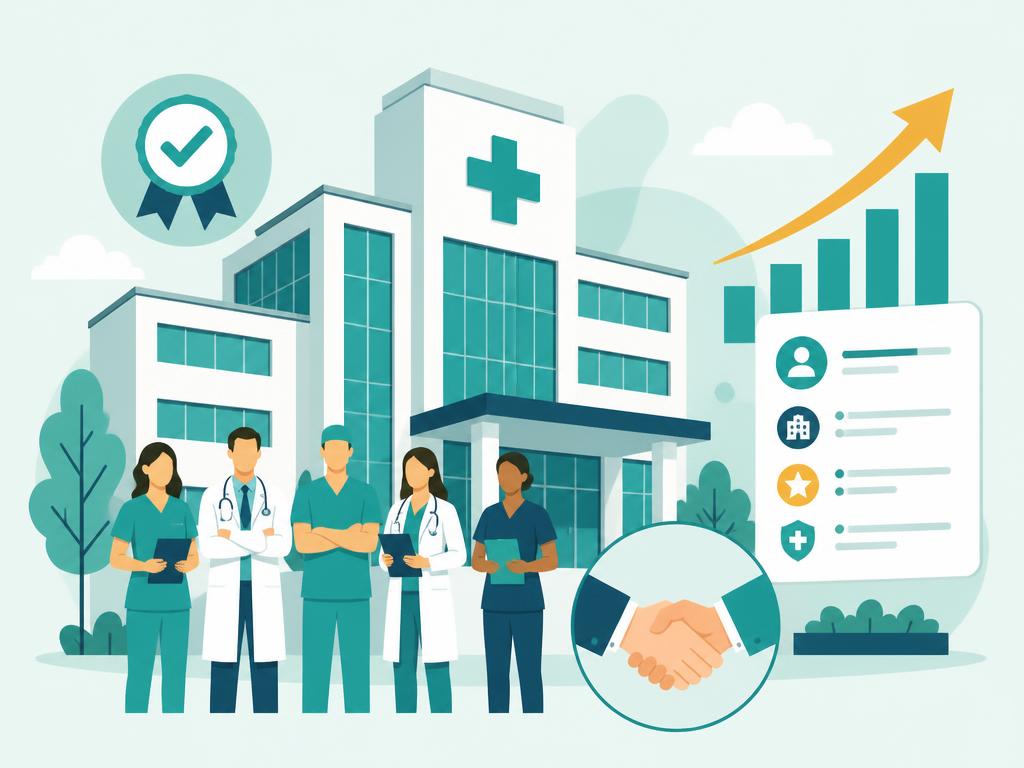Illustration of an accredited hospital team, a partnership handshake and a rising patient-leads graph